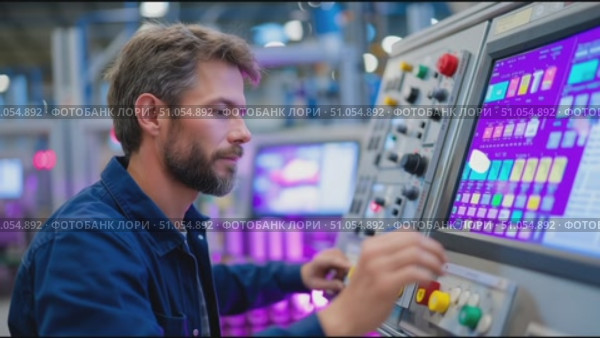 Engineer operates control panel in modern manufacturing facility during daytime. Стоковое AI-видео, аниматор Сергей Толмачёв / Фотобанк Лори