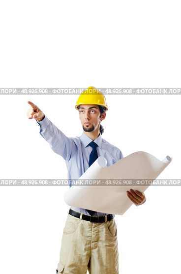 Engineer working with drawings on white. Стоковое фото, агентство Ingram Publishing / Фотобанк Лори