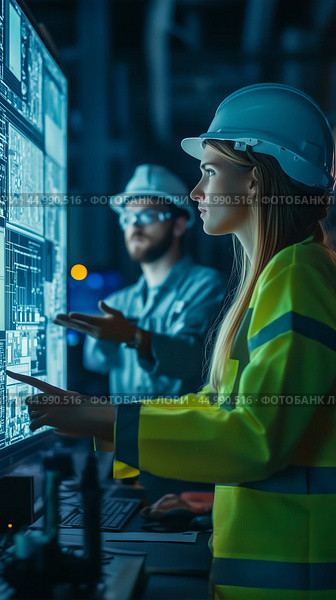 Engineers collaborating at a control room, analyzing data on large screens during nighttime operations. Стоковое AI-изображение, AI-художник Сергей Толмачёв / Фотобанк Лори