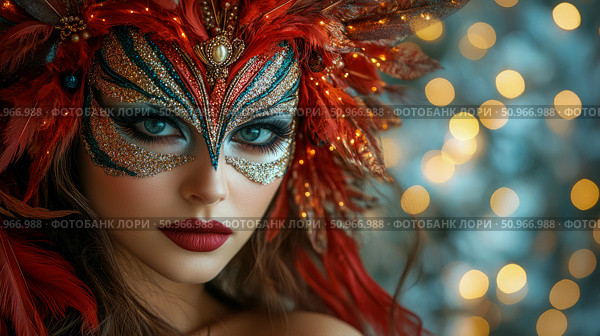 Enigmatic Woman in Opulent Feathered Mask with Glittering Adornments, Perfect for Grand Masquerade Celebration or Festive Event. Стоковое AI-изображение, AI-художник Данила Большаков / Фотобанк Лори