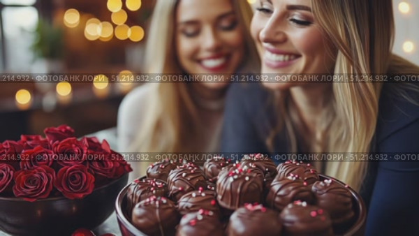 Enjoy a delightful moment as two friends share laughter and treats surrounded by roses in a charming café ambiance. Стоковое AI-видео, аниматор Данила Большаков / Фотобанк Лори