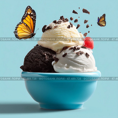 Enjoying a colorful bowl of chocolate, vanilla, and strawberry ice cream. На светло-голубом фоне стоит миска с шоколадным, ванильным и клубничным мороженым. Рядом порхают бабочки, добавляя нотку причудливости этому восхитительному лакомству. Стоковое AI-изображение, AI-художник Katsiaryna Repich / Фотобанк Лори