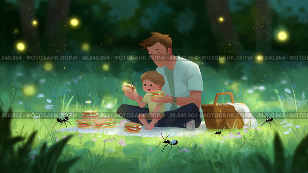 Enjoying a summer picnic in a lush green forest with fireflies and playful ants. Стоковое AI-изображение, AI-художник Сергей Толмачёв / Фотобанк Лори