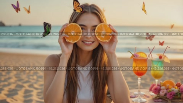 Enjoying a Sunny Beach Day With Fresh Drinks and Butterflies at Sunset. Стоковое AI-видео, аниматор Оксана Медведева / Фотобанк Лори