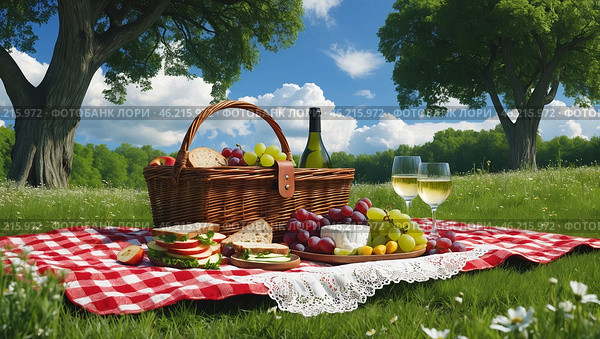 Enjoying a sunny picnic with fresh food and wine in a lush green park on a beautiful day. Стоковое AI-изображение, AI-художник Сергей Толмачёв / Фотобанк Лори