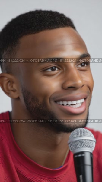 Enthusiastic public speaker sharing ideas with audience. Smiling, confident, holding a microphone, isolated on white background in a red shirt. Стоковое AI-видео, аниматор Юрий Поздников / Фотобанк Лори
