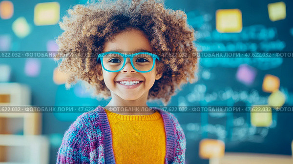 Enthusiastic young girl with curly hair and blue glasses, smiling in front of school blackboard. Стоковое AI-изображение, AI-художник Данила Большаков / Фотобанк Лори