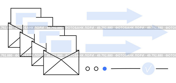 Envelopes with documents symbolize email communication, accompanied by arrows indicating data transfer direction. Ideal for business, productivity, communication, digital marketing, organization. Email communication and data transfer with sequences of envelopes and directional arrows. Стоковая иллюстрация, агентство Ingram Publishing / Фотобанк Лори