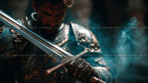 Epic fantasy character preparing for battle in a mystical realm with a gleaming sword. Стоковое AI-изображение, AI-художник Ксения Лаптева / Фотобанк Лори