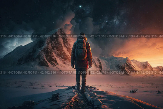 Epic winter arctic landscape. A man stands on a rock and looks into the distance at the mountains. Polar night, stars in the sky. A traveler on a hike in the majestic northern nature. Generative AI. Стоковое AI-изображение, AI-художник Андрей Степанов / Фотобанк Лори