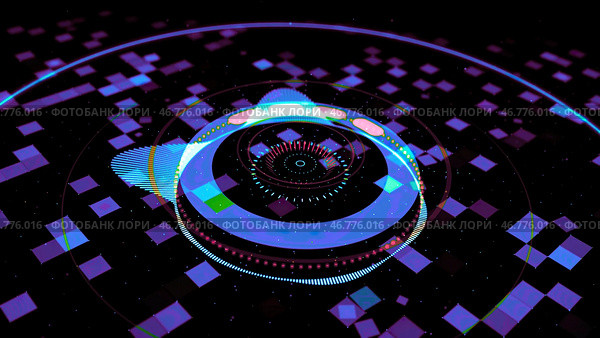 Equalizer with pulsation bass in center and bright neon geometric patterns around it. Стоковая иллюстрация, иллюстратор David Kashakhi / Фотобанк Лори