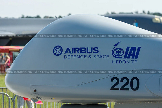 ERLIN, GERMANY - JUNE 03, 2016: Detail of reconnaissance UAV IAI Eitan (Steadfast), also known as Heron TP by the Malat division of Israel Aerospace Industries. Exhibition ILA Berlin Air Show 2016. Редакционное фото, фотограф Sergey Kohl / Фотобанк Лори