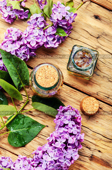 Essence of lilac flowers. Bottle of essential extraction with lilac.Healing herbs.Alternative Medicine Herbal Medicine. Стоковое фото, агентство Ingram Publishing / Фотобанк Лори