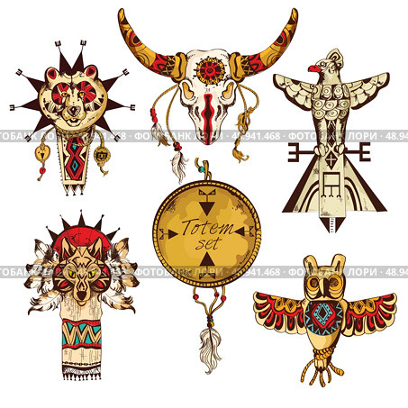 Ethnic american tribes animal totems colored sketch decorative elements set isolated vector illustration. Стоковая иллюстрация, агентство Ingram Publishing / Фотобанк Лори