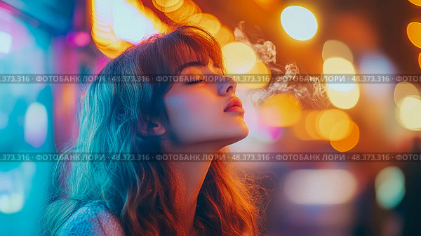 Euphoric dreamscape: A woman finds peace exhaling smoke amidst glowing orbs, design for introspection or tranquility. Стоковое AI-изображение, AI-художник Данила Большаков / Фотобанк Лори