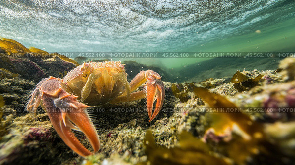 European spider crab hiding under the surface of the water. Стоковое AI-изображение, AI-художник Юрий Поздников / Фотобанк Лори