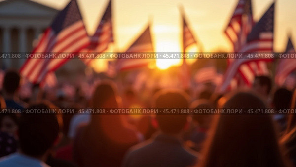 Evening Background of crowd at political rally in the United States carrying US flags. Upcoming election cycle 2024 presidential campaigns, protests against unfair elections, shallow depth of field, Стоковое AI-изображение, AI-художник Sergey Grishin / Фотобанк Лори