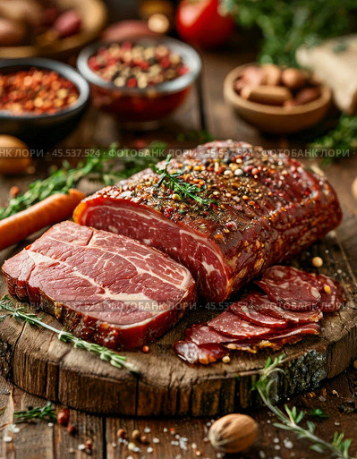 Every year on November 27th, Dried Meat Day is celebrated. The holiday is dedicated to homemade dried meat and simple recipes, the best from generation to generation. Стоковое AI-изображение, AI-художник Сергей Елизарьев / Фотобанк Лори