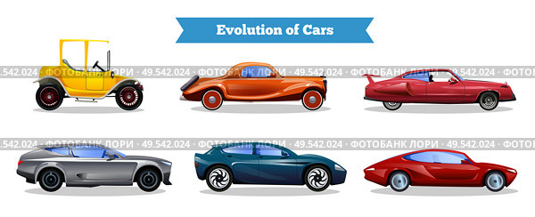 Evolution of cars set with colorful vintage and modern automobiles isolated on white background flat vector illustration. Стоковая иллюстрация, агентство Ingram Publishing / Фотобанк Лори