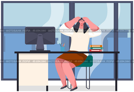 Exasperated woman sitting in office vector illustration. Professional burnout, overwork at work concept. Businesswoman with headache stress at workplace. Stressed lady sits at desk with computer. Professional burnout, overwork at work. Businesswoman with headache stress at workplace in office. Стоковая иллюстрация, агентство Ingram Publishing / Фотобанк Лори
