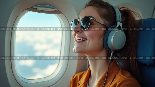 Exciting Travel Moments as a Young Woman Enjoys Her Flight, Experiencing the Joy of Music and Adventure From Above the Clouds. Стоковое AI-изображение, AI-художник Sergey Grishin / Фотобанк Лори