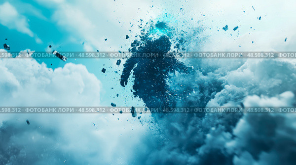 Existential Fragmentation: A man dissolving into particles amid billowing clouds, symbolizing transformation and the ephemeral nature of existence. Стоковое AI-изображение, AI-художник Данила Большаков / Фотобанк Лори