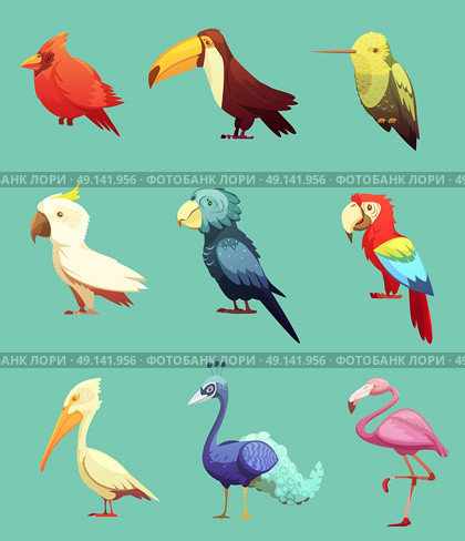 Exotic Tropical Birds Retro Icons Set. Exotic tropical paradise island birds retro cartoon style icons collection with toucan and cockatoo parrot isolate vector illustration . Стоковая иллюстрация, агентство Ingram Publishing / Фотобанк Лори