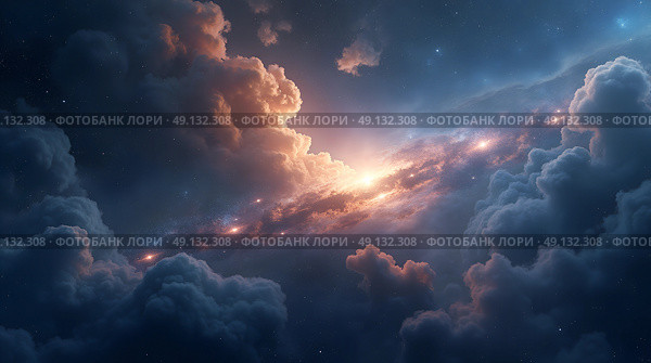Expansive cosmic clouds illuminated by distant starlight creating a mesmerizing galactic vista in the depths of space during a serene moment. Стоковое AI-изображение, AI-художник Анна Сивакова / Фотобанк Лори
