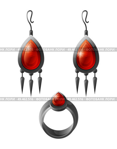Expensive earrings and wedding ring vector stylish accessories with ruby stones, silver or platinum decoration for ears isolated, platinum engagement set. Expensive Earrings and Wedding Ring Stylish Vector. Стоковая иллюстрация, агентство Ingram Publishing / Фотобанк Лори