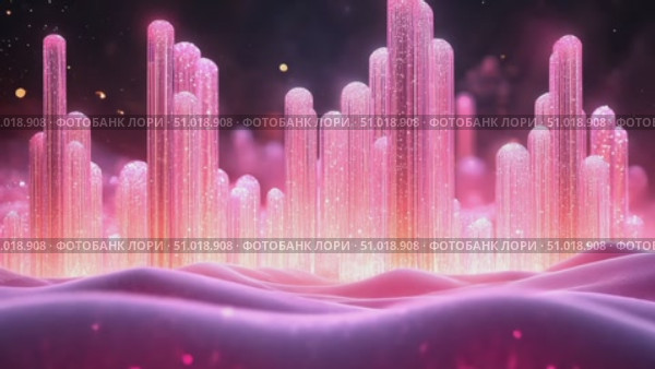 Experience a captivating display of luminous pink crystals emerging from gentle, undulating surfaces in a twilight setting. Стоковое AI-видео, аниматор Данила Большаков / Фотобанк Лори