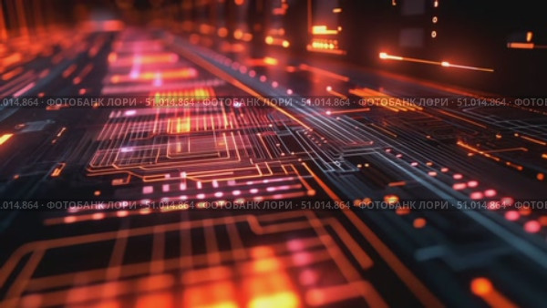 Experience a dynamic digital landscape filled with illuminated circuits and vibrant data patterns showcasing advanced technology in action. Стоковое AI-видео, аниматор Данила Большаков / Фотобанк Лори