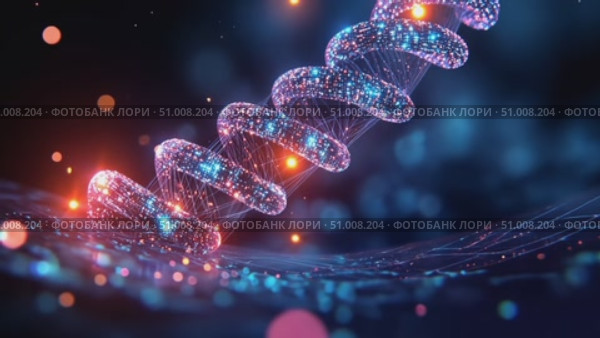 Experience the captivating glow of digital particles forming intertwined structures in a stunning cosmic landscape filled with vibrant lights. Стоковое AI-видео, аниматор Данила Большаков / Фотобанк Лори