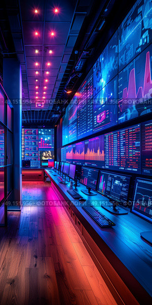 Explore a futuristic hallway, featuring vibrant neon lighting and highly reflective surfaces that enthrall. Стоковое AI-изображение, AI-художник Anastasy Yarmolovich / Фотобанк Лори