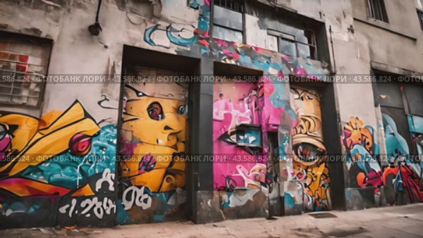 Explore a myriad of graffiti designs adorning the exterior of a building, showcasing a blend of colors, styles, and creative expressions. Стоковое AI-видео, аниматор Данила Большаков / Фотобанк Лори