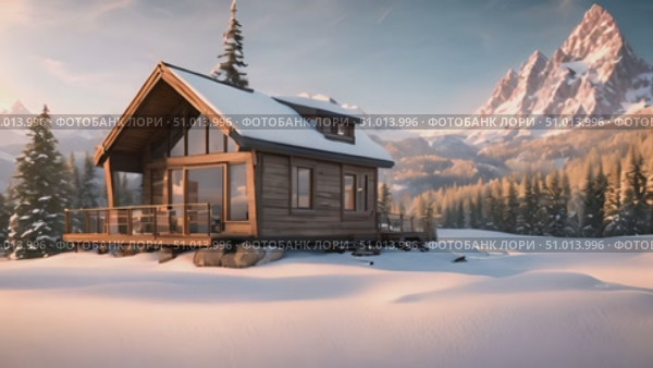 Explore a small cabin nestled in a snowy mountain setting, surrounded by pristine white snow and a rugged landscape. Стоковое AI-видео, аниматор Данила Большаков / Фотобанк Лори