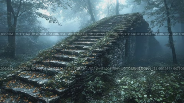 Explore an ancient stone staircase enveloped by lush greenery and morning fog in a serene forest setting, evoking a sense of mystery. Стоковое AI-видео, аниматор Данила Большаков / Фотобанк Лори