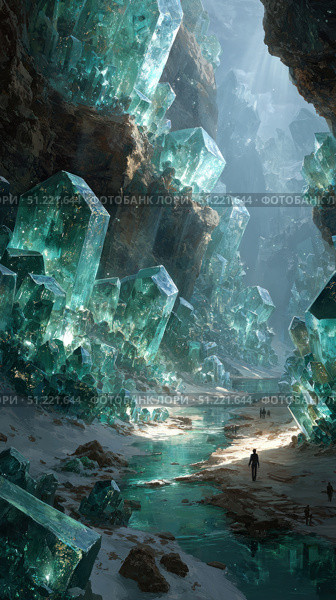 Explorers traversing crystal cave passage, water trickling nearby, luminescent walls revealing dramatic rock formations and ethereal underground landscape with vivid mineral hues. Стоковое AI-изображение, AI-художник Юрий Поздников / Фотобанк Лори