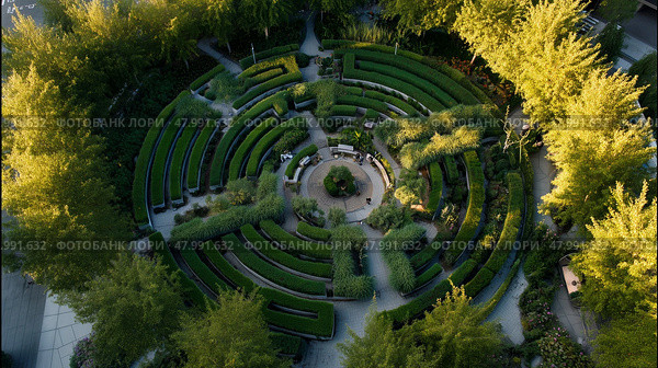 Exploring a modern labyrinth garden with lush greenery and winding pathways in an urban setting. Стоковое AI-изображение, AI-художник Сергей Толмачёв / Фотобанк Лори
