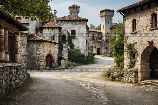 Exploring a quaint medieval village street scene. Стоковое AI-изображение, AI-художник Иван Рябоконь / Фотобанк Лори
