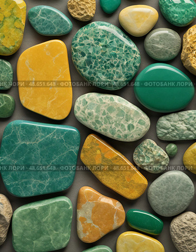 Exploring a stunning array of unakite stones, showcasing their rich green and orange colors, diverse shapes, and interesting textures. Each stone tells its own geological story Generative AI. Стоковое AI-изображение, AI-художник Юлия Петровская / Фотобанк Лори