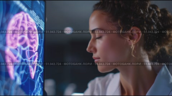 Exploring brain technology in a high-tech lab with a dedicated researcher examining neural pathways. Стоковое AI-видео, аниматор Сергей Толмачёв / Фотобанк Лори
