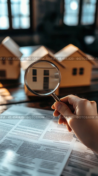 Exploring real estate opportunities with magnifying glass and model houses. Стоковое AI-изображение, AI-художник Sabyna75 / Фотобанк Лори