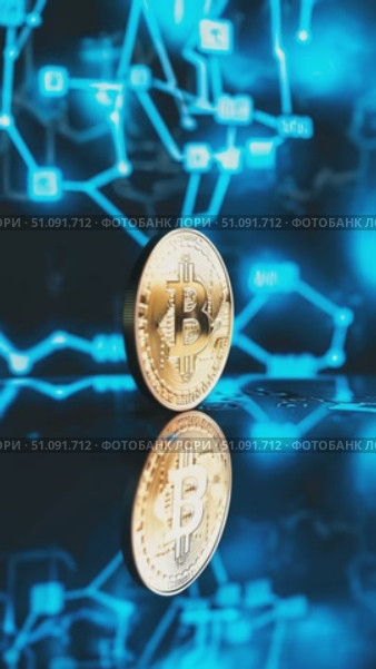 Exploring the Digital Frontier: A Close-Up on Bitcoin Amidst a Vibrant Technological Background Representing Cryptocurrency and Blockchain Innovation. Стоковое AI-видео, аниматор Владимир Федоров / Фотобанк Лори