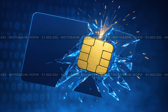 Explosive Innovation: A SIM Card Shattering Through Digital Barriers, Symbolizing Data Security and Technological Advancement in Telecommunications. Стоковое AI-изображение, AI-художник Башкирова Анна / Фотобанк Лори