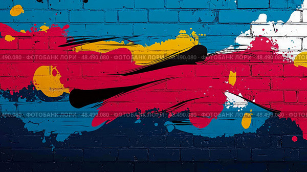 Expressionist Brick Canvas: Abstract wall painting with red, blue, yellow, black and white paint splashes, a textural celebration of color. Стоковое AI-изображение, AI-художник Данила Большаков / Фотобанк Лори