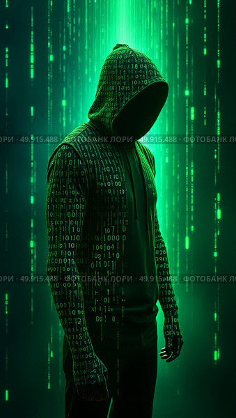 Exquisite highfashion cyberpunk photography of a mysterious hacker in oversized hoodie surrounded by neon binary code and hieroglyphics evoking futuristic glamour in 8k ultra hd. Стоковое AI-изображение, AI-художник Андрей Бакусов / Фотобанк Лори