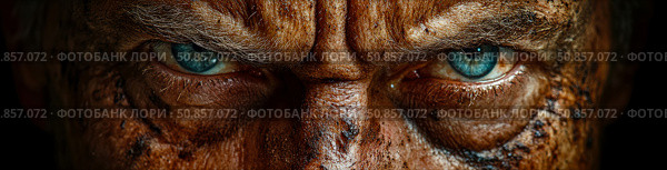 Extreme close-up of intense blue eyes of dirty man, revealing resilience and hardship. Стоковое AI-изображение, AI-художник Данила Большаков / Фотобанк Лори