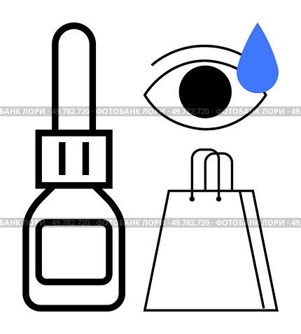 Eye dropper bottle beside an eye with a blue teardrop and a shopping bag. Ideal for healthcare, pharmaceuticals, eye care, retail, shopping, medical illustration, and consumer goods. Line metaphor. Eye Dropper Bottle with Teardrop and Shopping Bag Highlighting Health and Consumer Goods. Стоковая иллюстрация, агентство Ingram Publishing / Фотобанк Лори