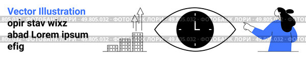 Eye-shaped clock symbolizes time management, growth graphs for business success, illustrated woman analyzing trends, text for representation, buildings indicate urban development. Ideal for business. Woman pointing at an eye-shaped clock, graphs depicting rising trends, text blocks, and diagram of buildings. Стоковая иллюстрация, агентство Ingram Publishing / Фотобанк Лори