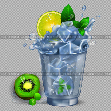 Faceted glass of mojito with lot of ice, fresh lime, green spearmint and kiwi isolated vector illustration on transparent background.. Faceted Glass of Mojito with Ice Illustration. Стоковая иллюстрация, агентство Ingram Publishing / Фотобанк Лори